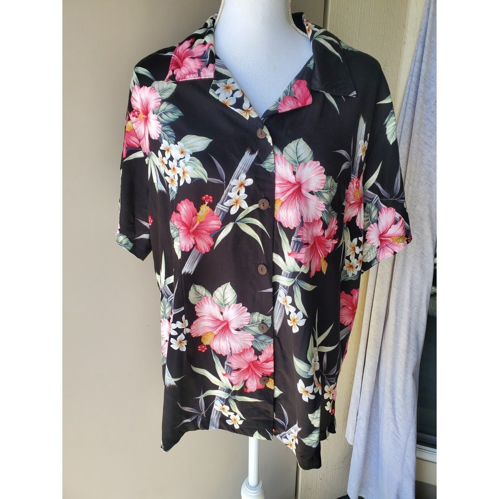 Aloha Hut Hawaii Button Up Shirt Womens XL Black Pink Floral Tropical Hawaiian‎